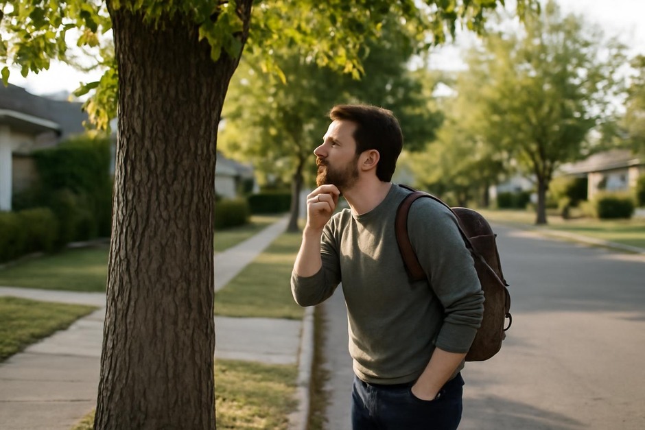Person walking down a neighborhood street, looking closely at a tree