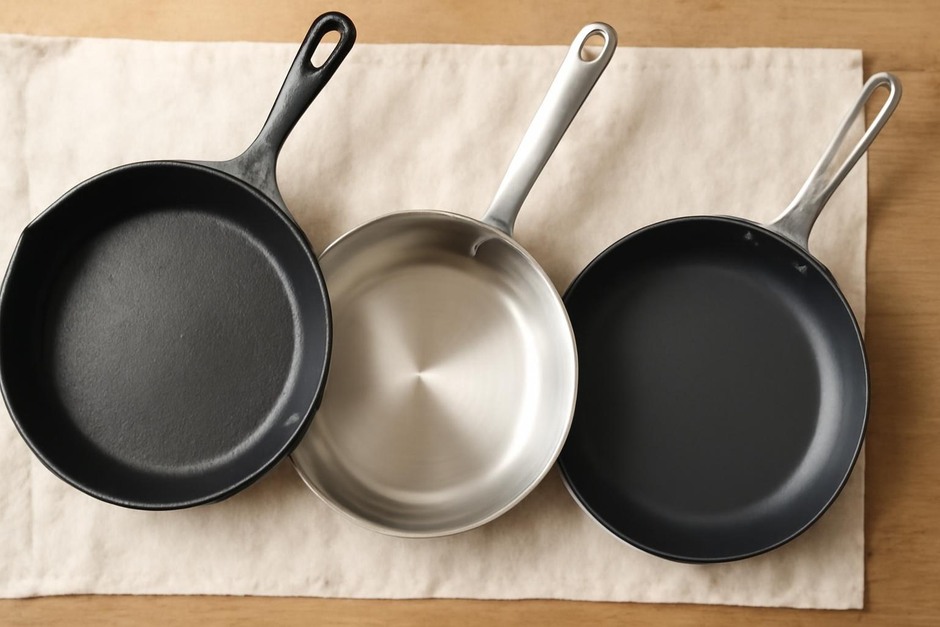 Three frying pans: cast iron, stainless steel, and nonstick
