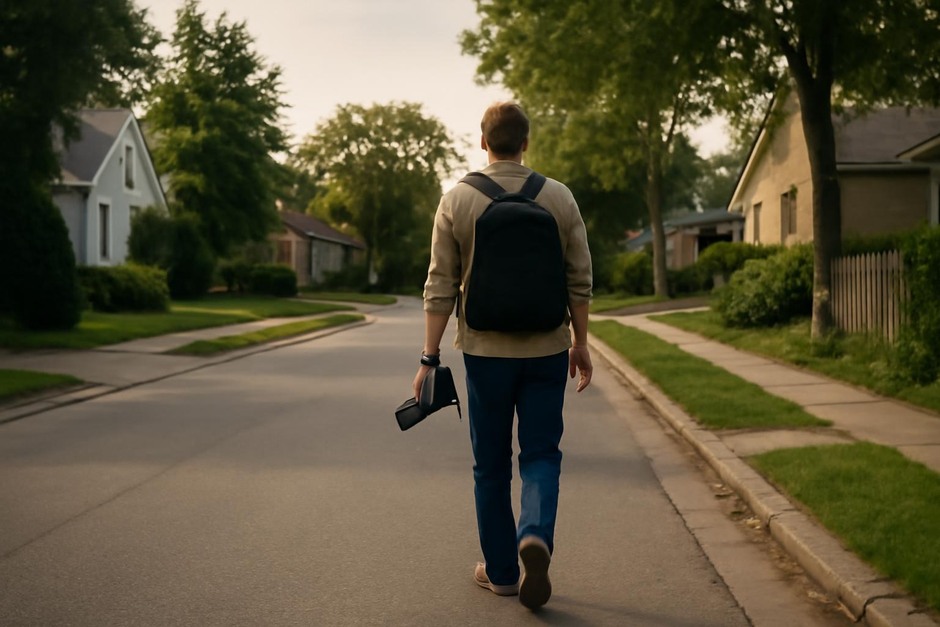 Photographer walking along a quiet residential street with a camera