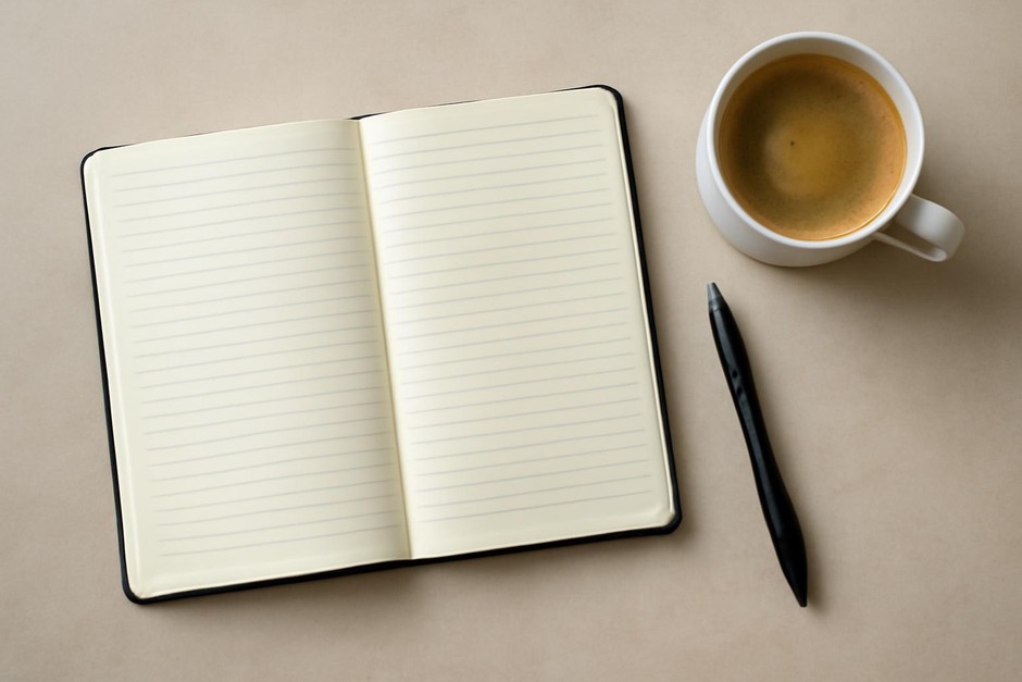 An open notebook beside a pen and a cup of coffee