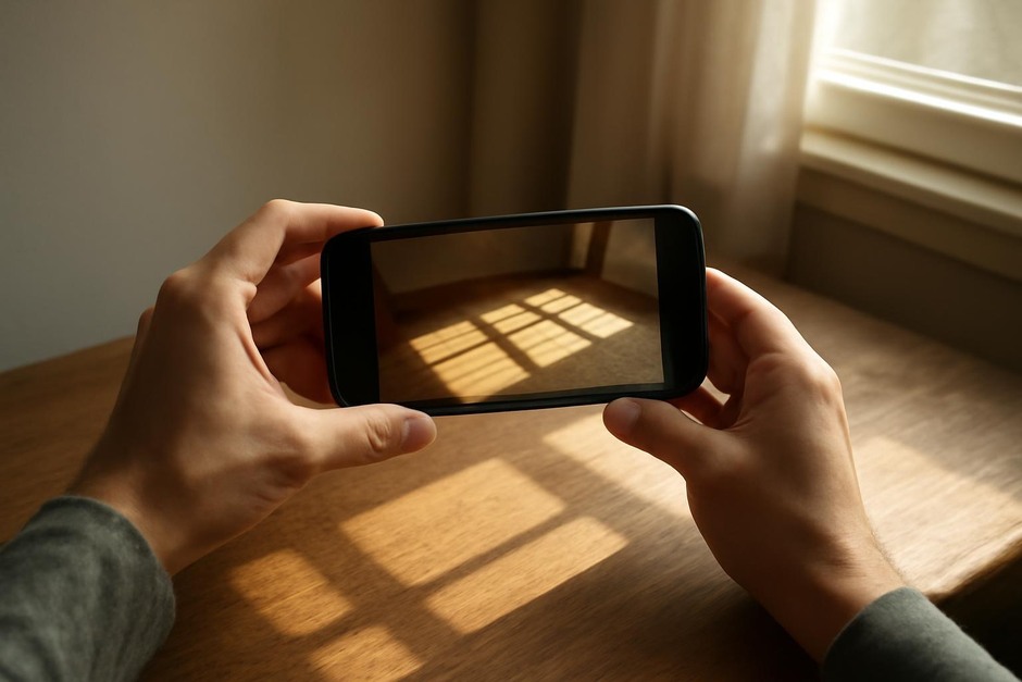 A phone photographing sunlight falling through a window onto a table