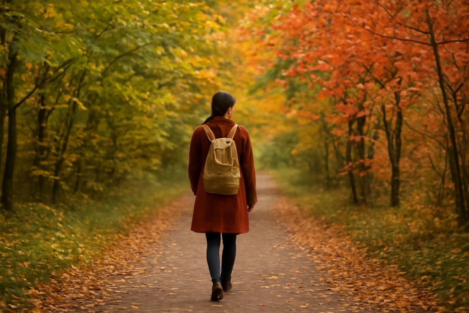 Person walking on a tree-lined path with seasonal foliage